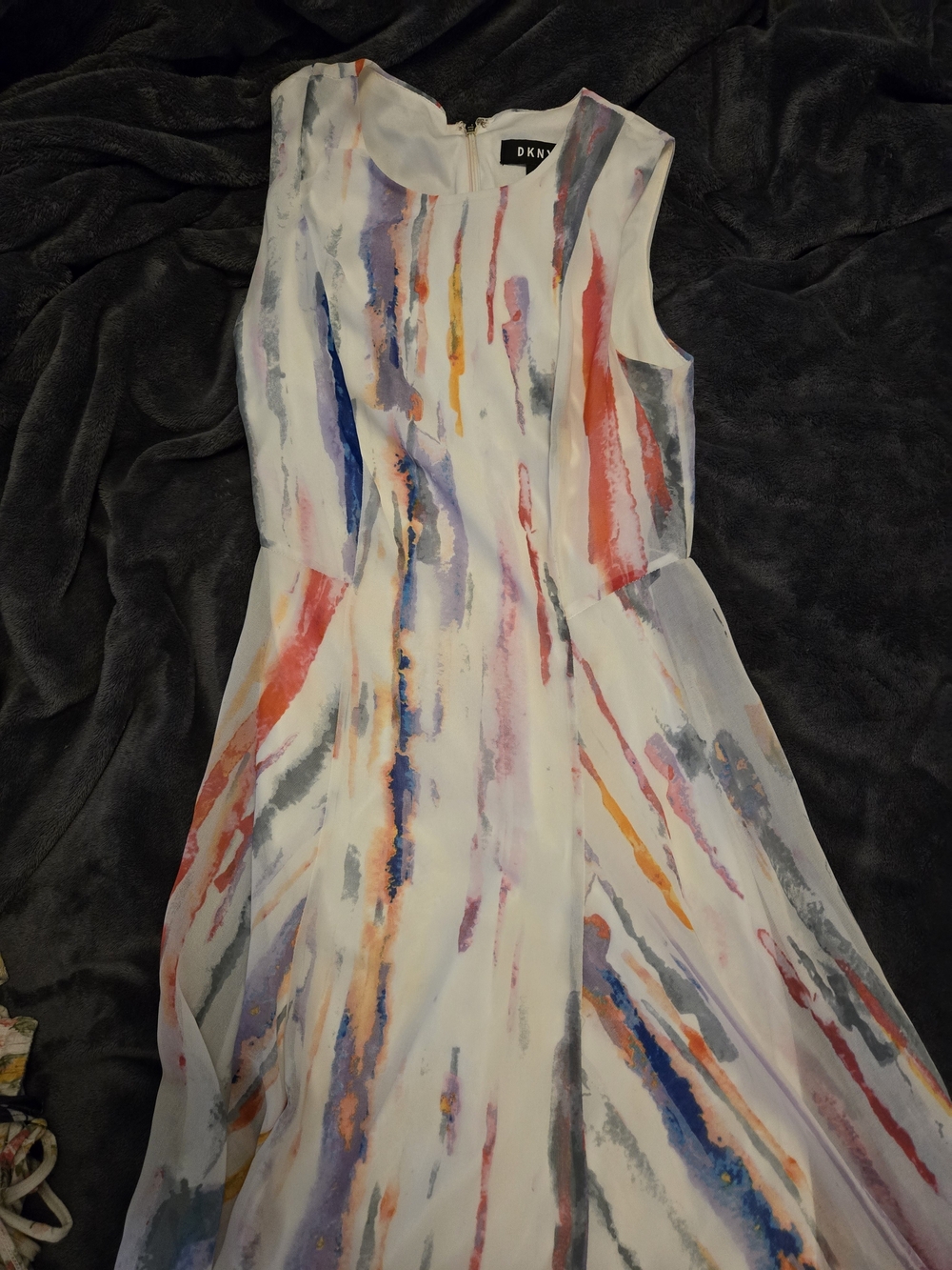 DKNY White Sleeveless Midi Dress with Multicolor Watercolor Streaks